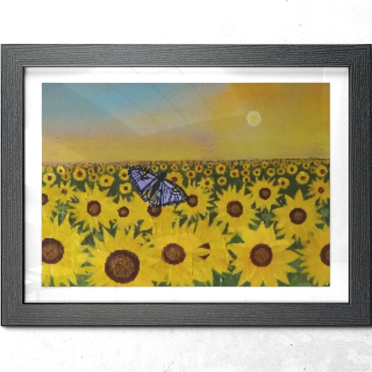 Golden sunflowers in the green meadow, floral landscape wall art, mothers day gift, Easter gift, view 2