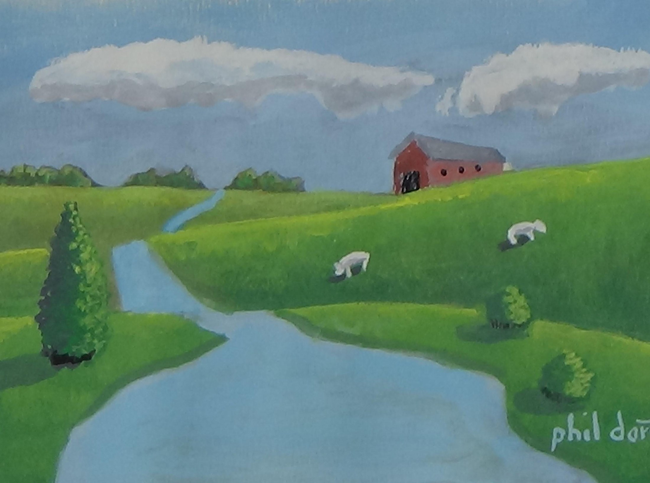Sheep Grazing in a Lush Green Pasture - original gouache painting