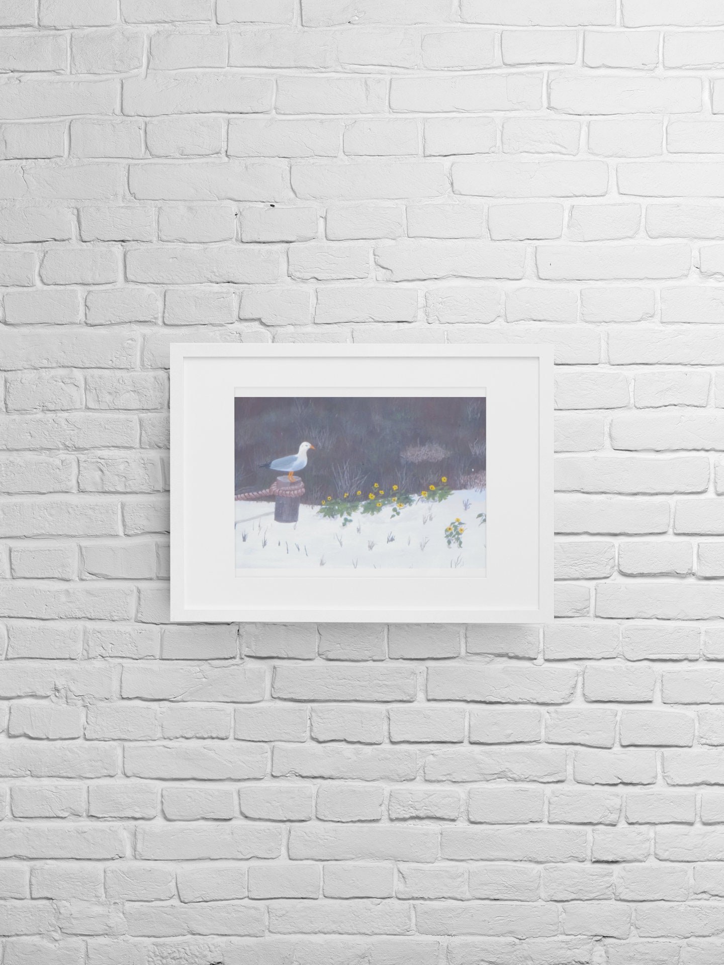 seagull on post looking at yellow wildflowers on siesta key sandy beach florida beach scene wildlife print Phil Darst, view 4