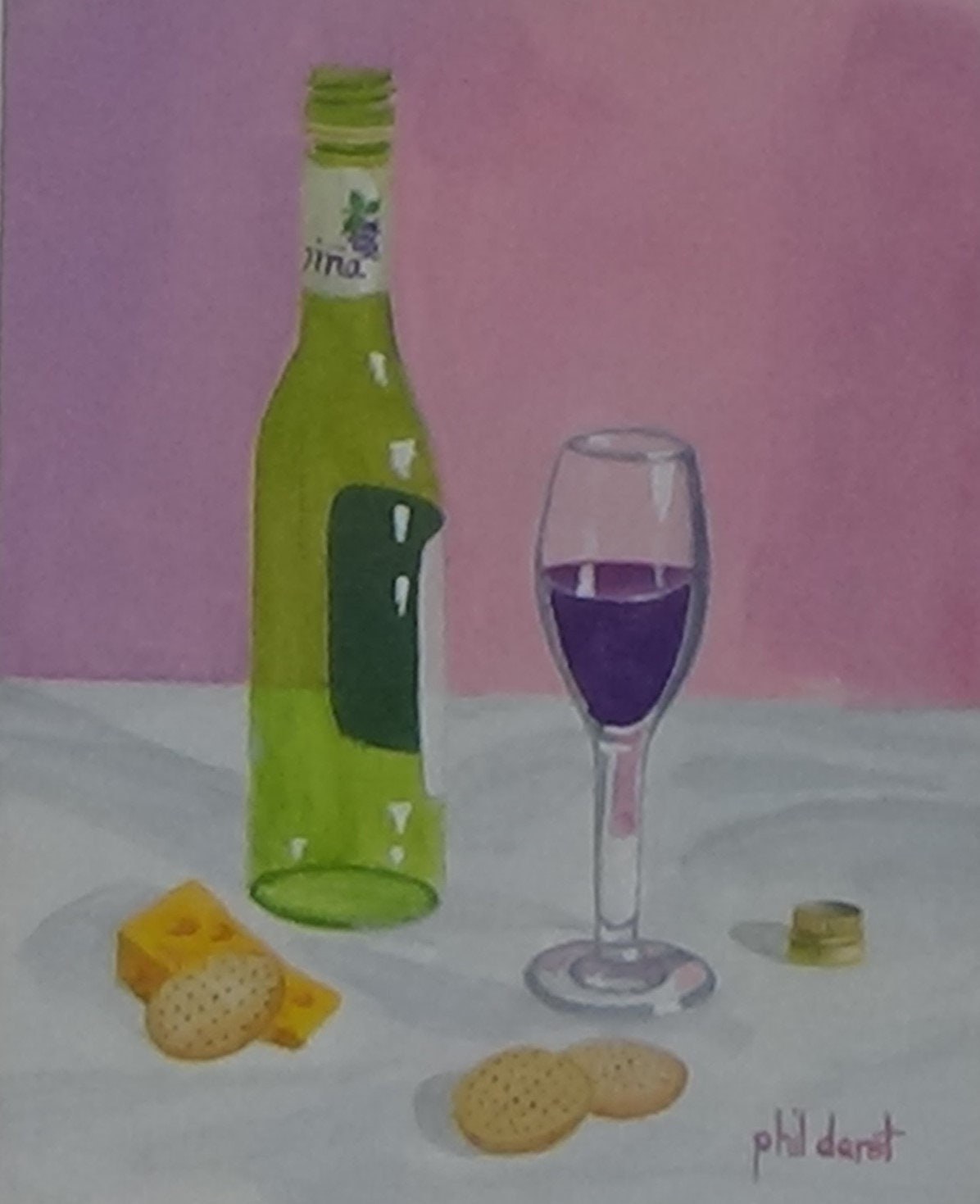 Late night snack wine and cheese Snack on table bottle of wine still life print still life print original artwork kitchen print phil darst