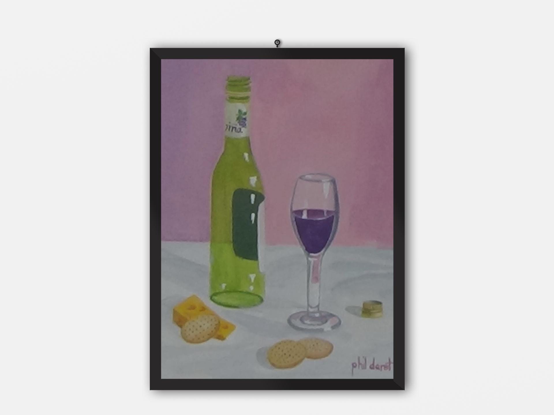 Late night snack wine and cheese Snack on table bottle of wine still life print still life print original artwork kitchen print phil darst, view 2