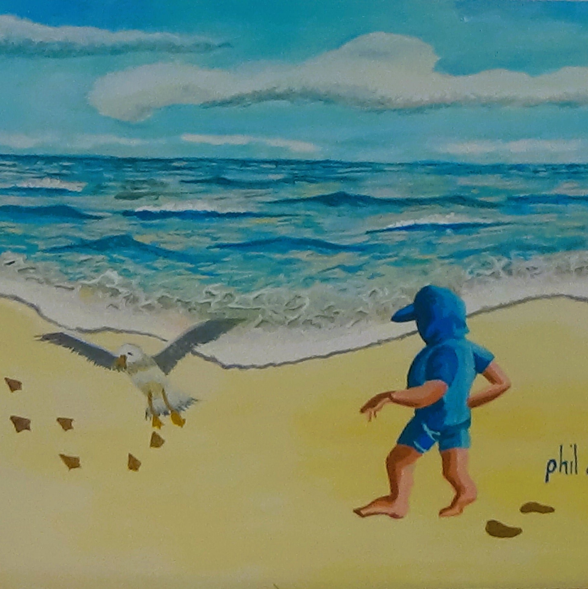 Kids art, Young boy chasing bird on beach wall art, beach print, playing on the beach, kids gift, nursery wall art