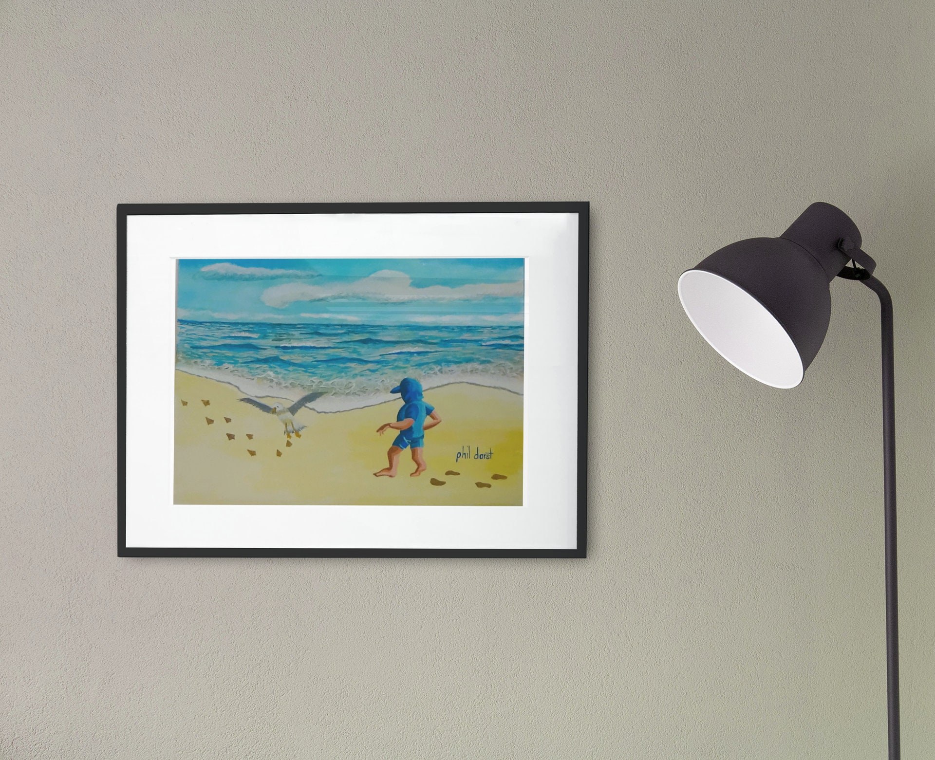 Kids art, Young boy chasing bird on beach wall art, beach print, playing on the beach, kids gift, nursery wall art, view 4