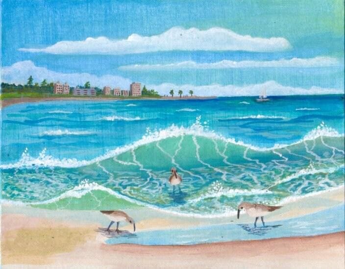 Florida Beach Scene: Sandpipers Feeding amidst Crashing Waves on a Florida shore.