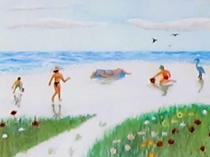 Tropical Florida Beach Scene Print, Girl on Blanket, Coastal Gouache Painting