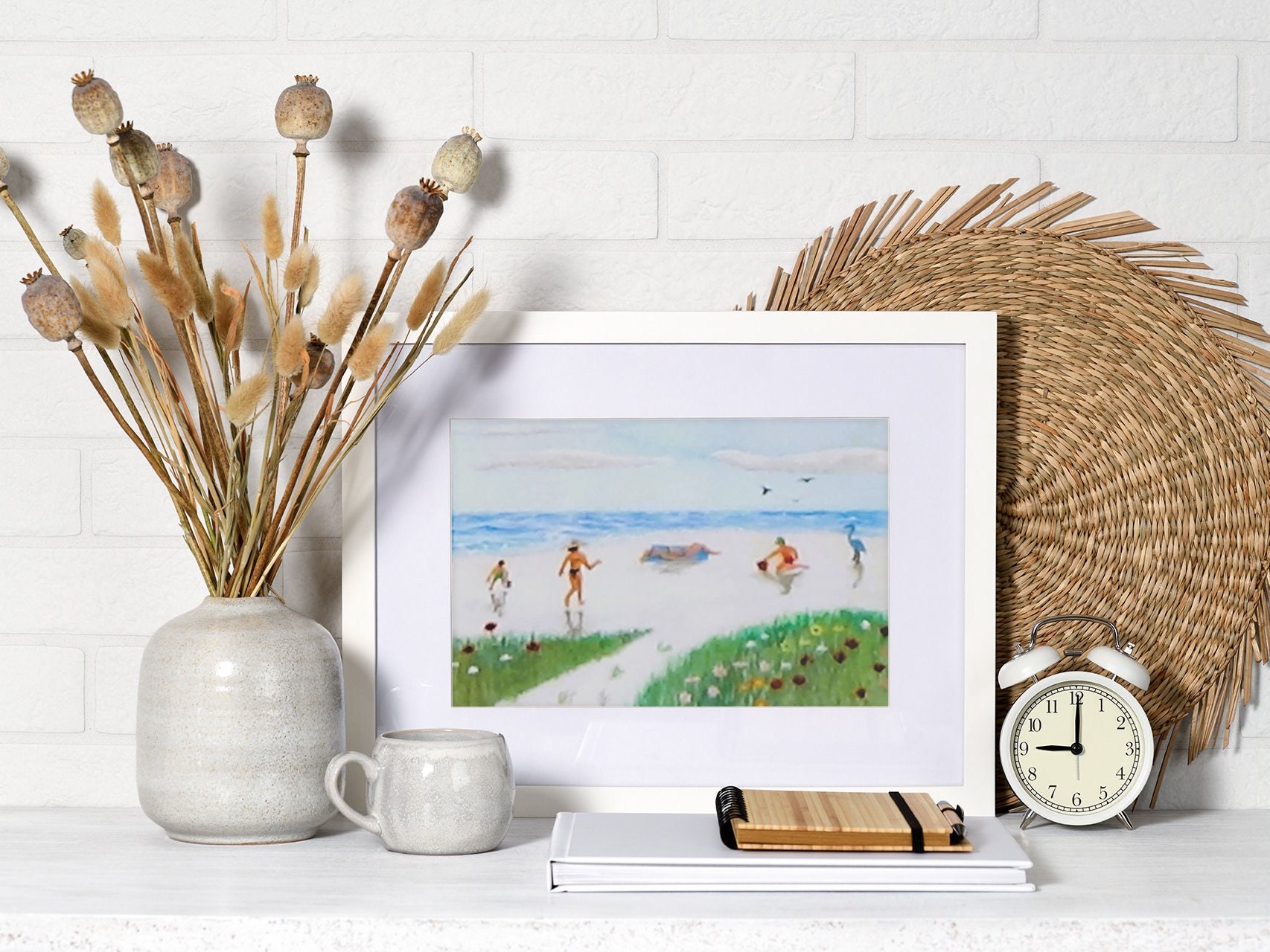 Tropical Florida Beach Scene Print, Girl on Blanket, Coastal Gouache Painting, view 3