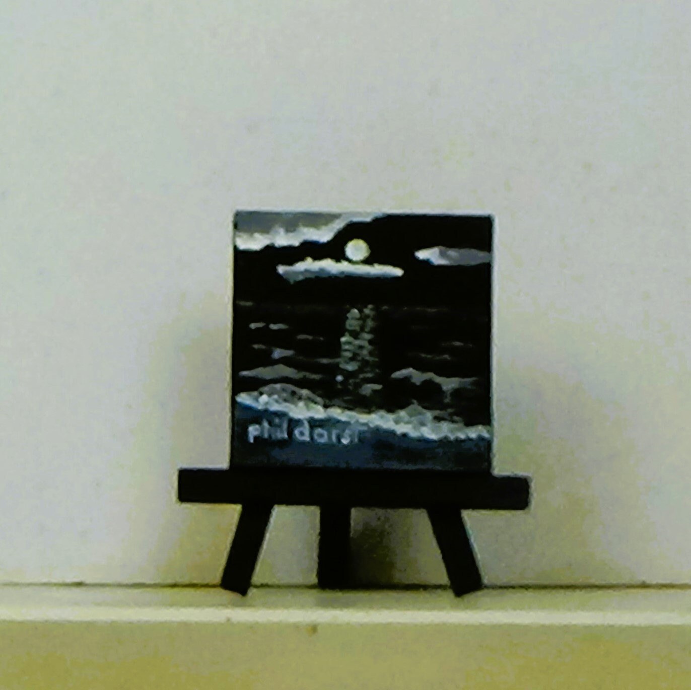 Setting sun and moonlight on ocean miniature set of two. Easel not included, view 3