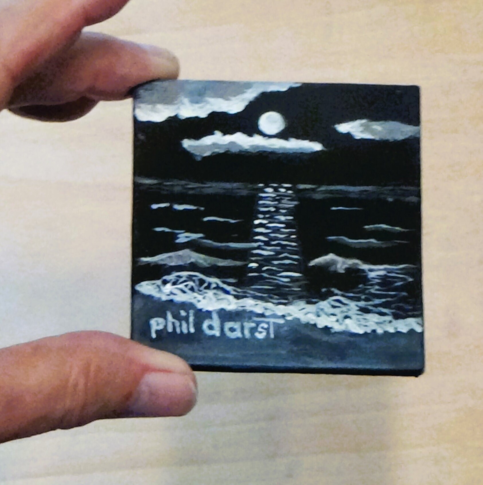 Miniature Acrylic Painting: Moonlight Ocean Scene, Siesta Key Beach Art, view 3