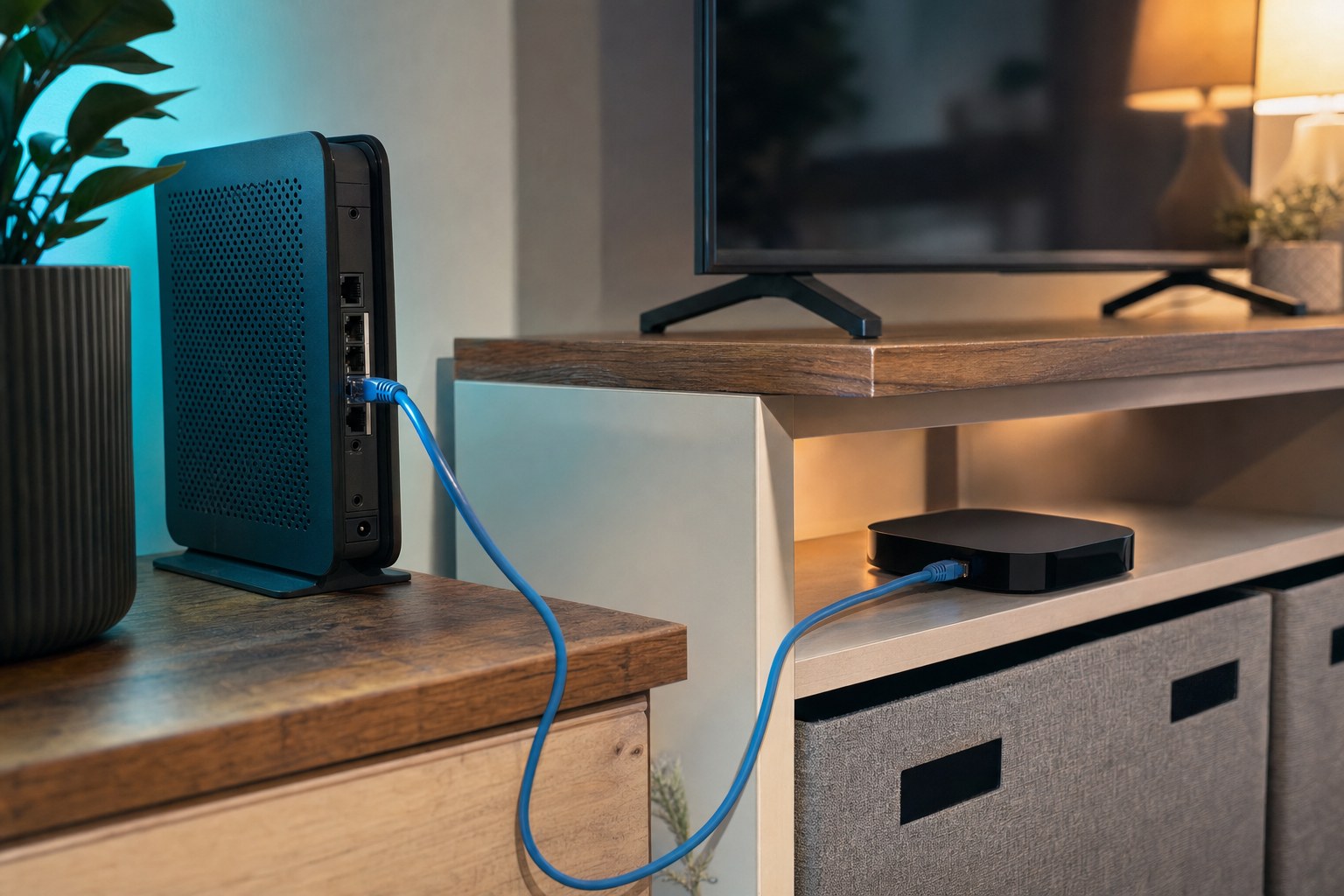 Ethernet cable linking a home router to a streaming device beneath a television