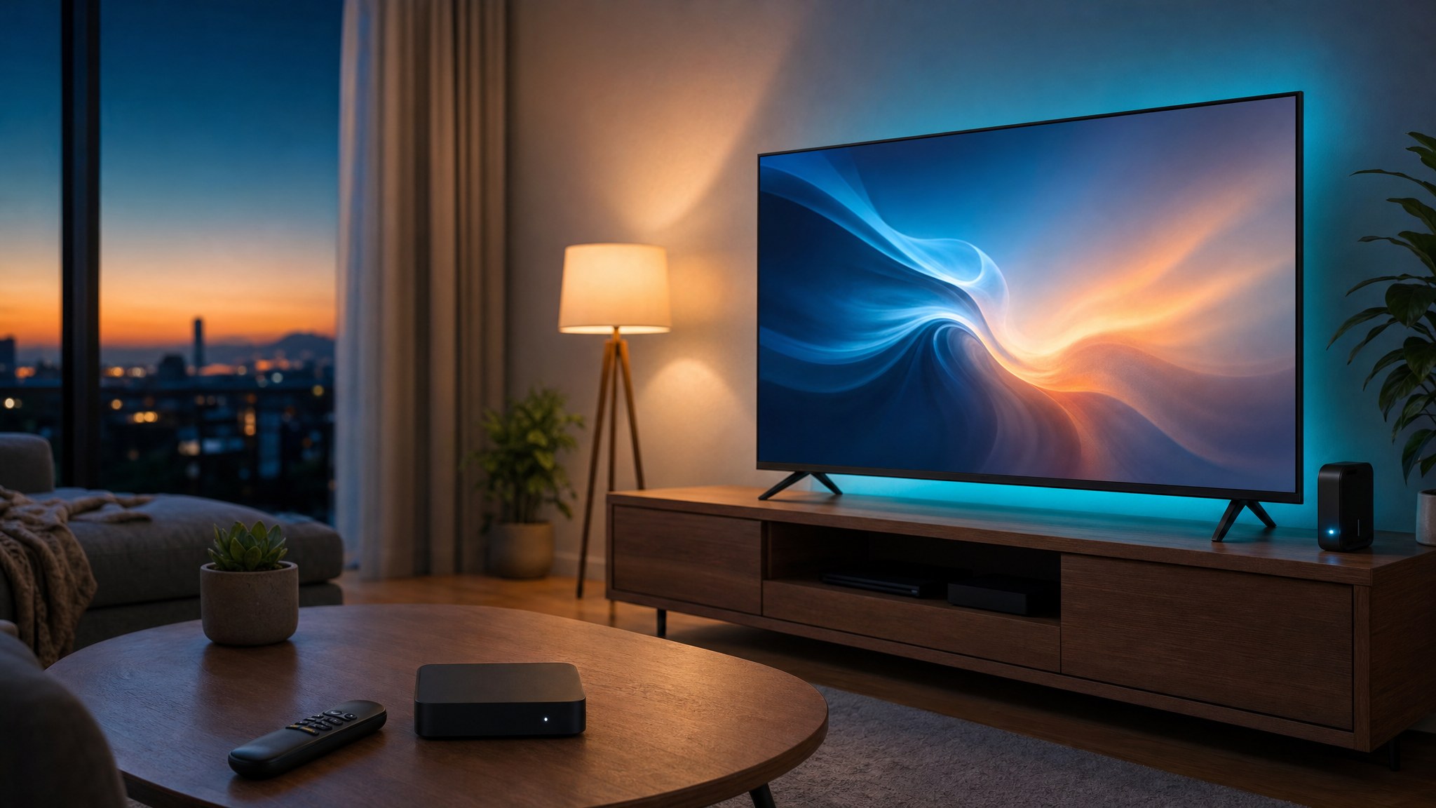 Television, streaming device, and remote in a modern home viewing room