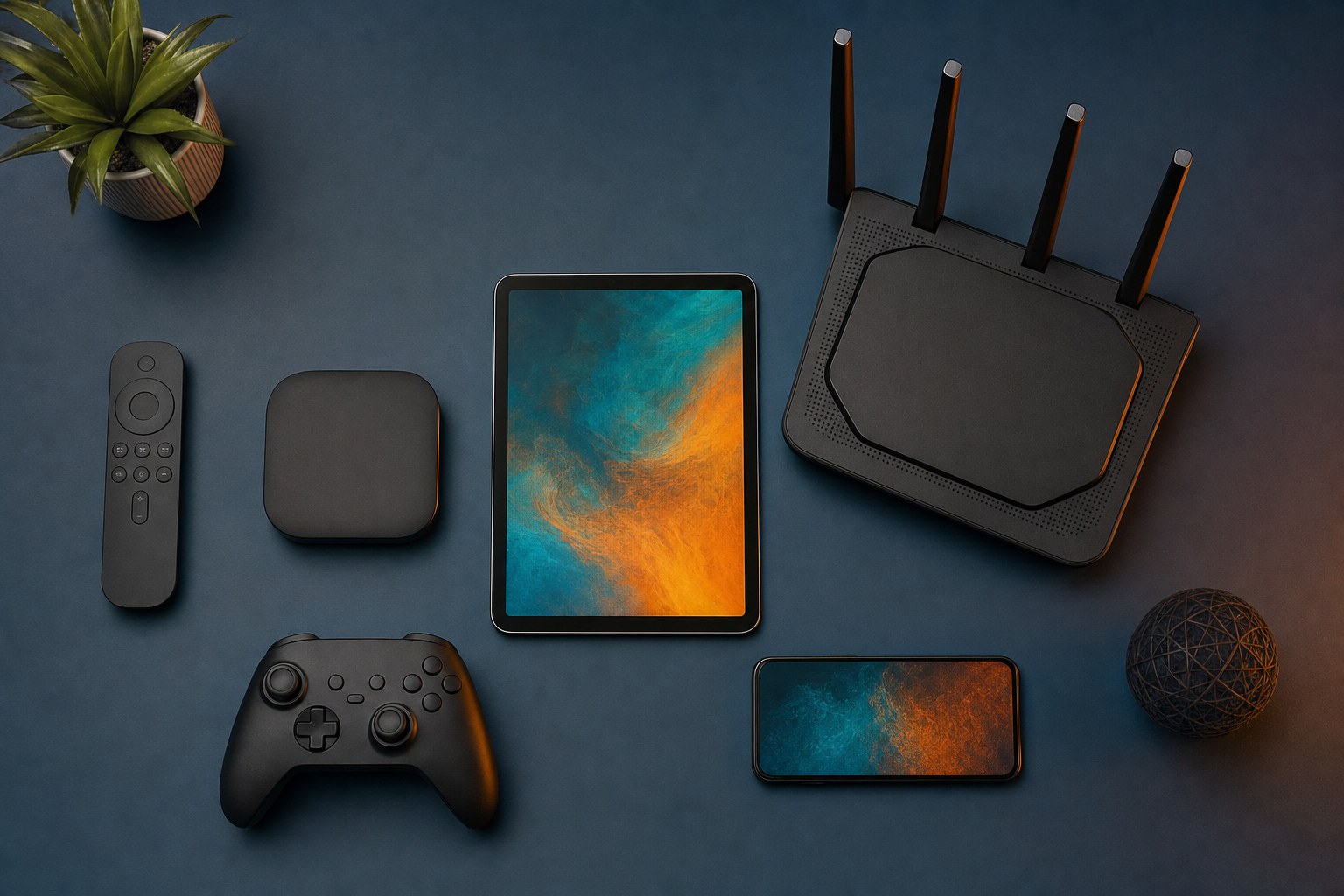 Streaming devices, router, tablet, phone, remote, and game controller arranged on a dark surface