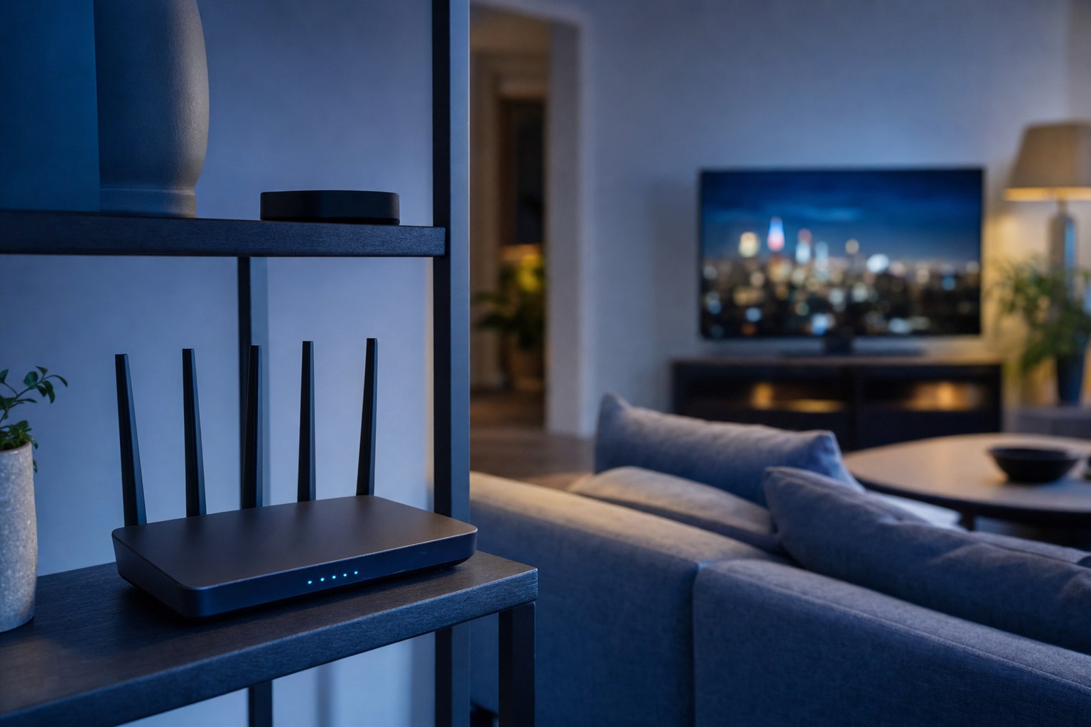 Wi-Fi router on an open shelf with a television visible in the background