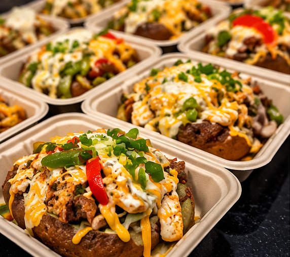 Individually portioned topped meals prepared by Crowned Wins Catering