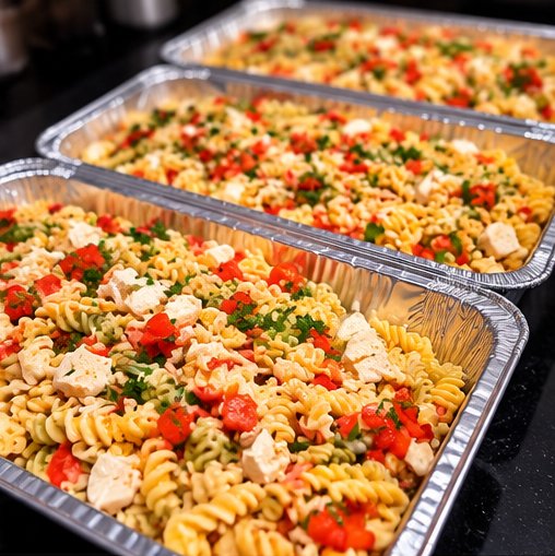 Colorful pasta trays prepared by Crowned Wins Catering