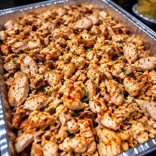 A full tray of seasoned sliced food prepared by Crowned Wins Catering