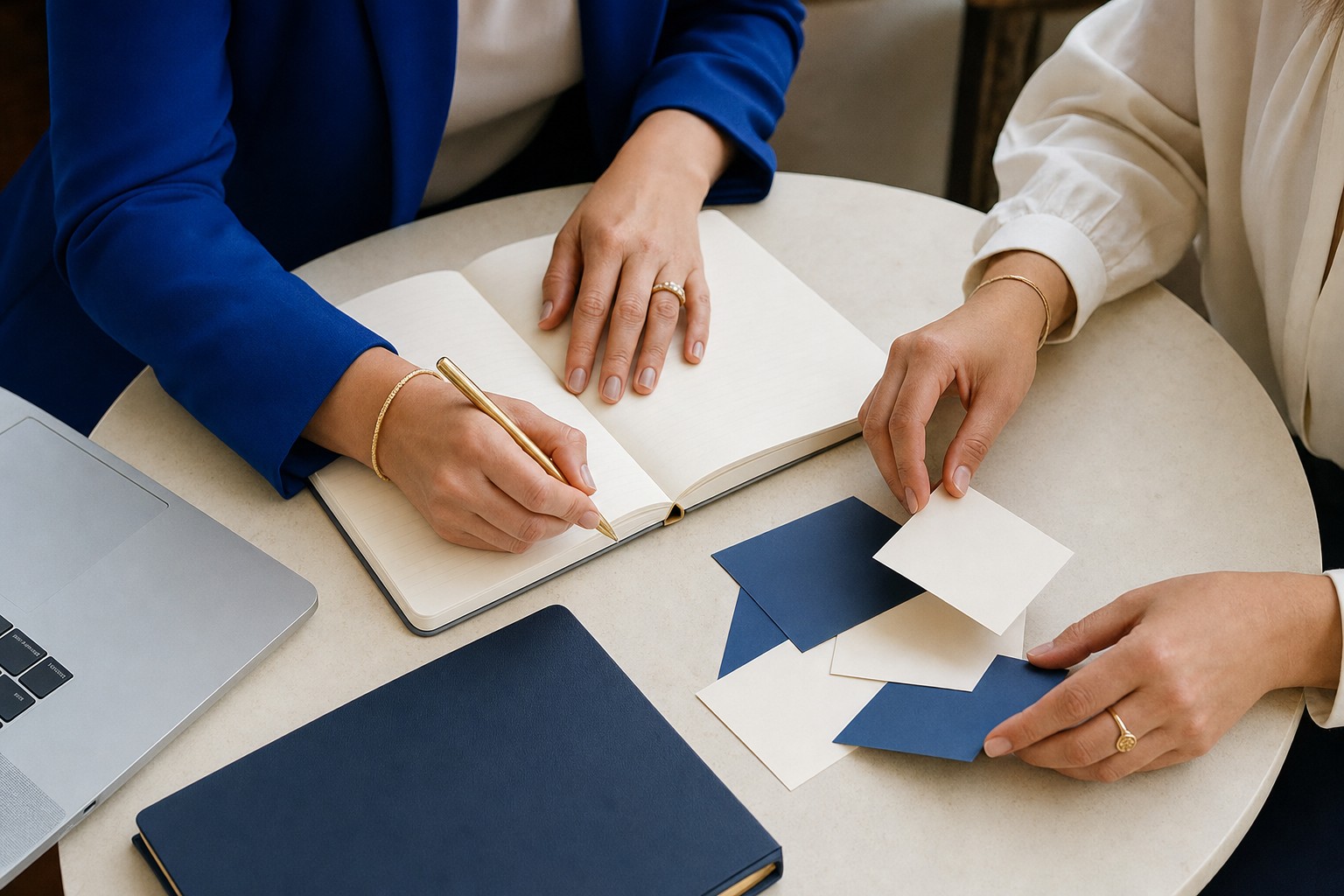 Editorial scene of collaborative business planning with royal blue and ivory details