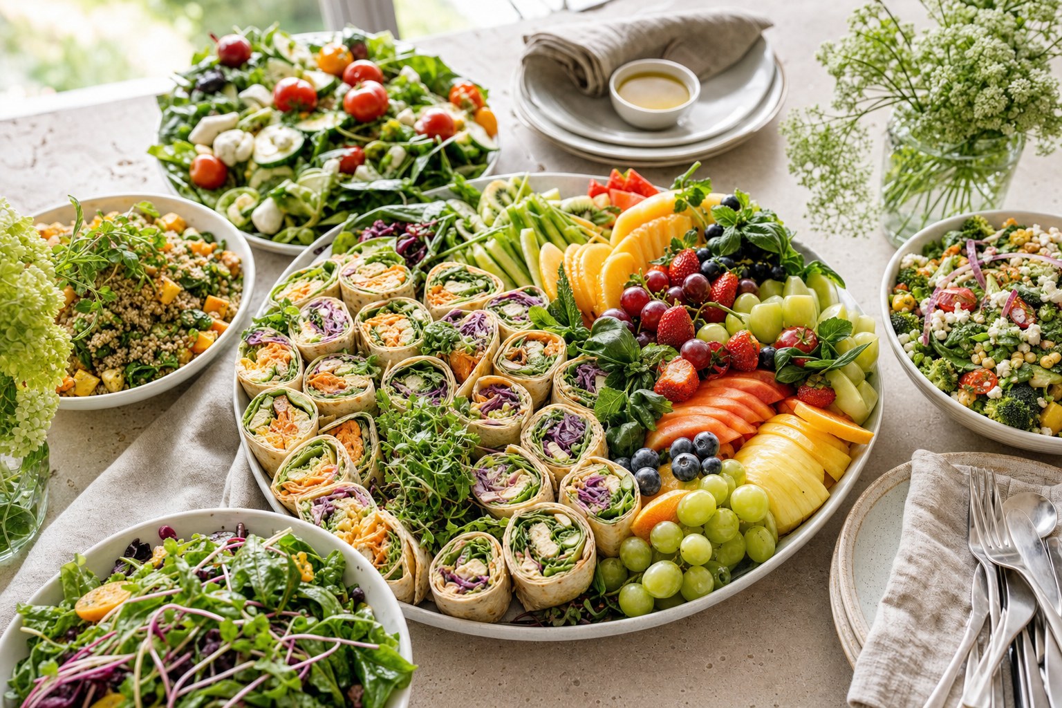 Fresh wraps, fruit, salads, and pasta arranged for catering