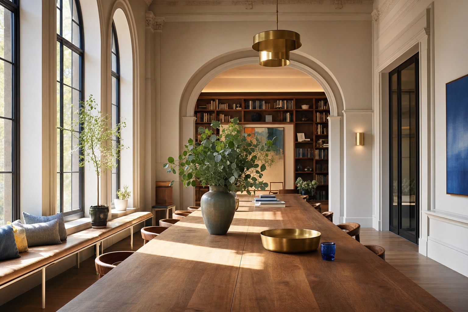 Light-filled community gathering space with a welcoming table