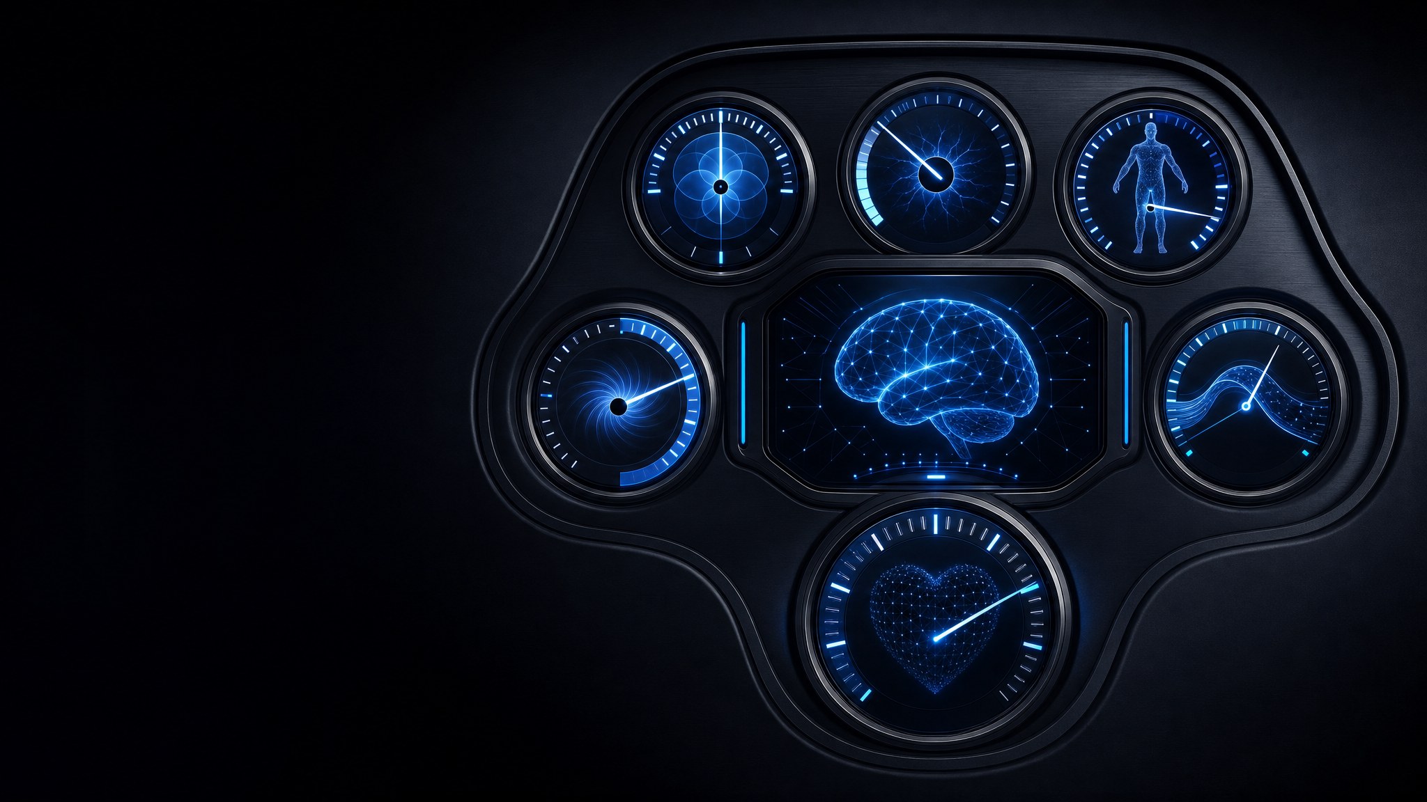 A conceptual whole-body dashboard with multiple illuminated gauges and a central brain display
