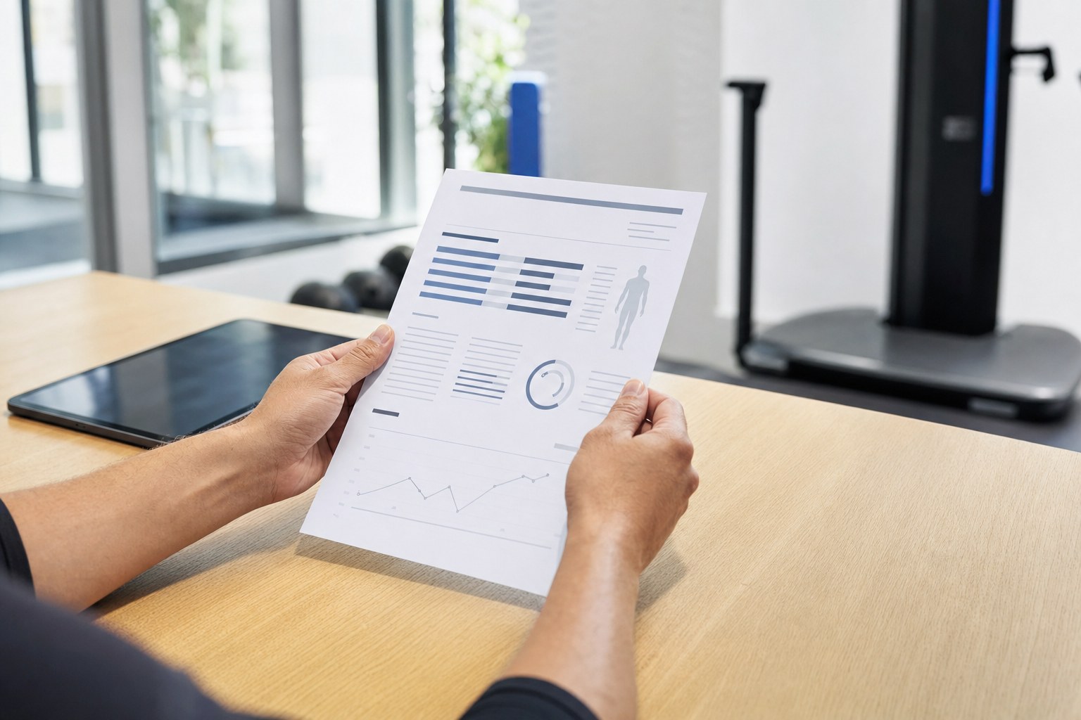 A body composition report being reviewed at a modern assessment studio