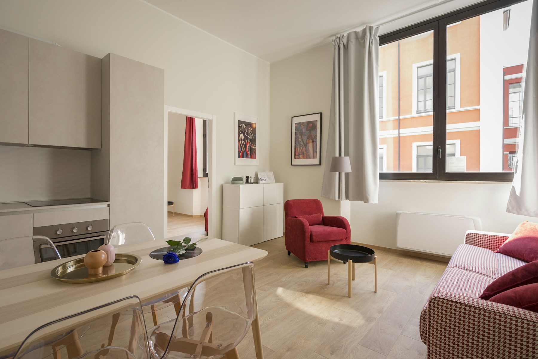 A furnished apartment living area prepared for an employee’s temporary stay