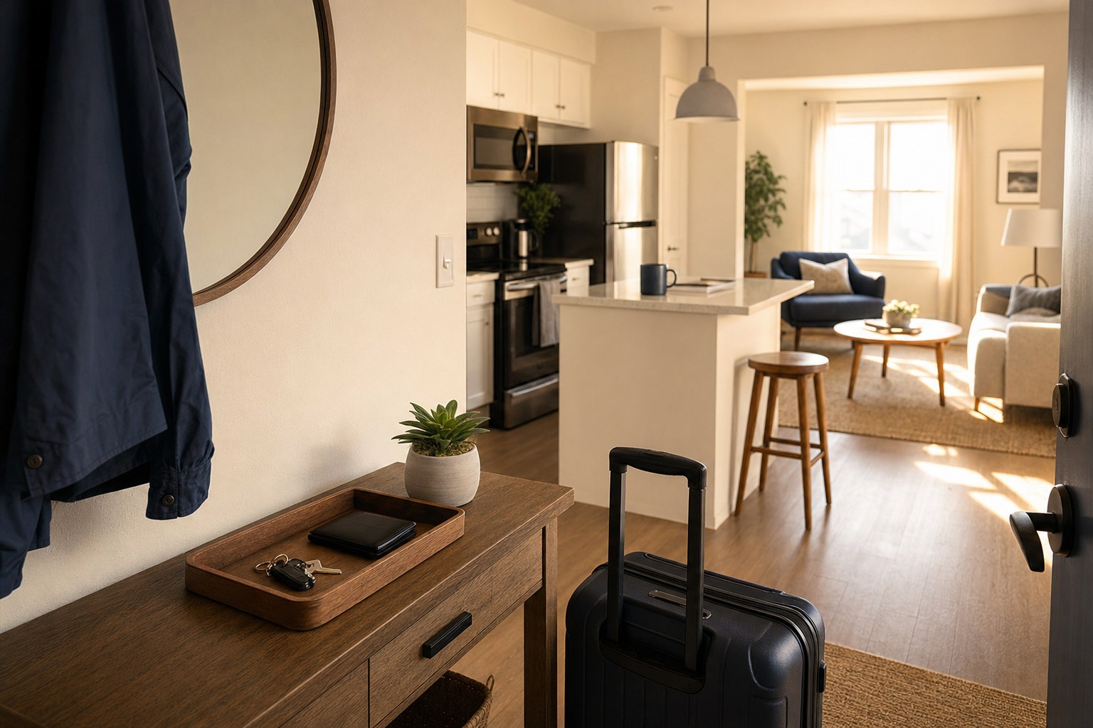 A furnished apartment entry ready for an employee arriving for a work stay