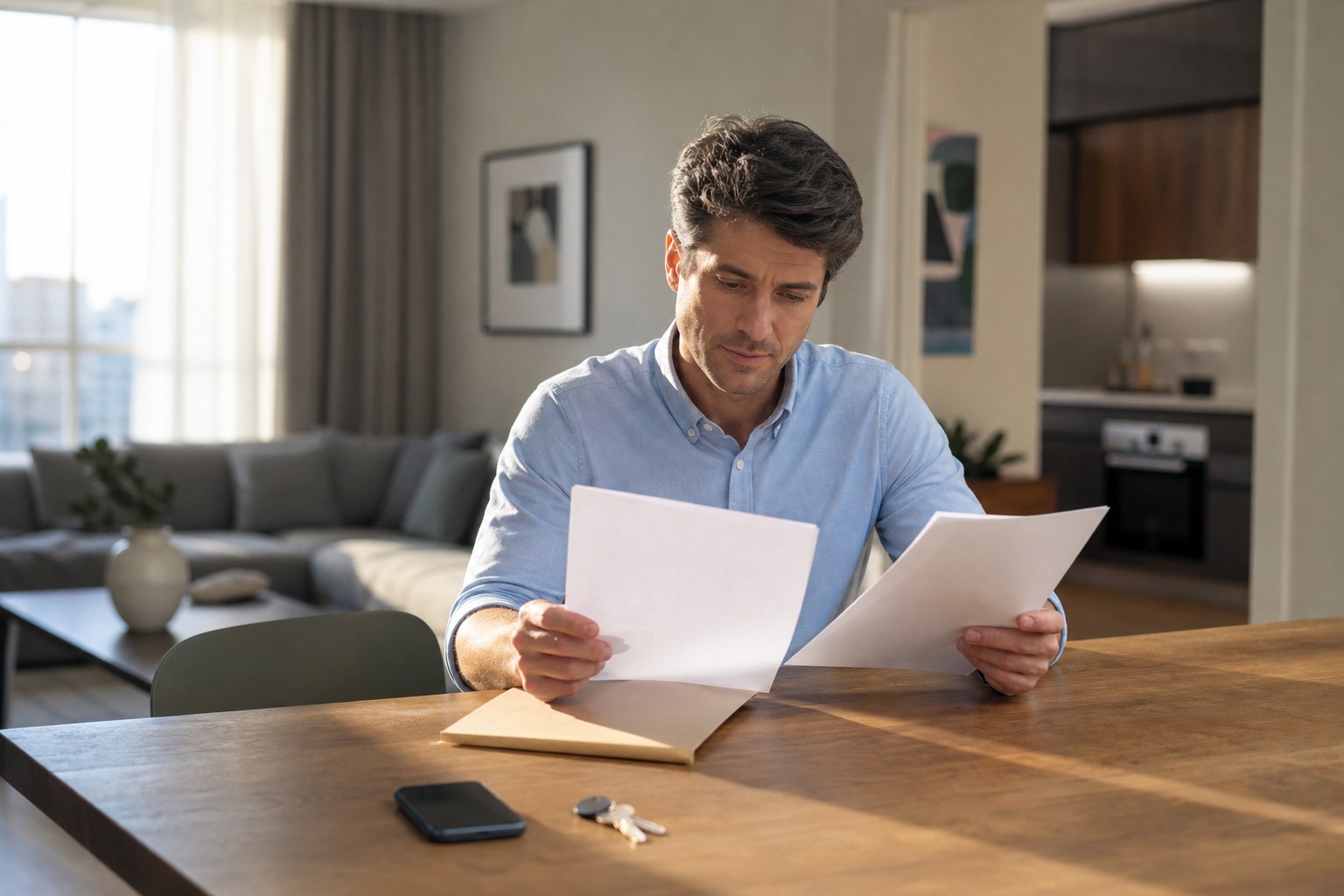A professional reviewing housing paperwork at a table in a furnished apartment