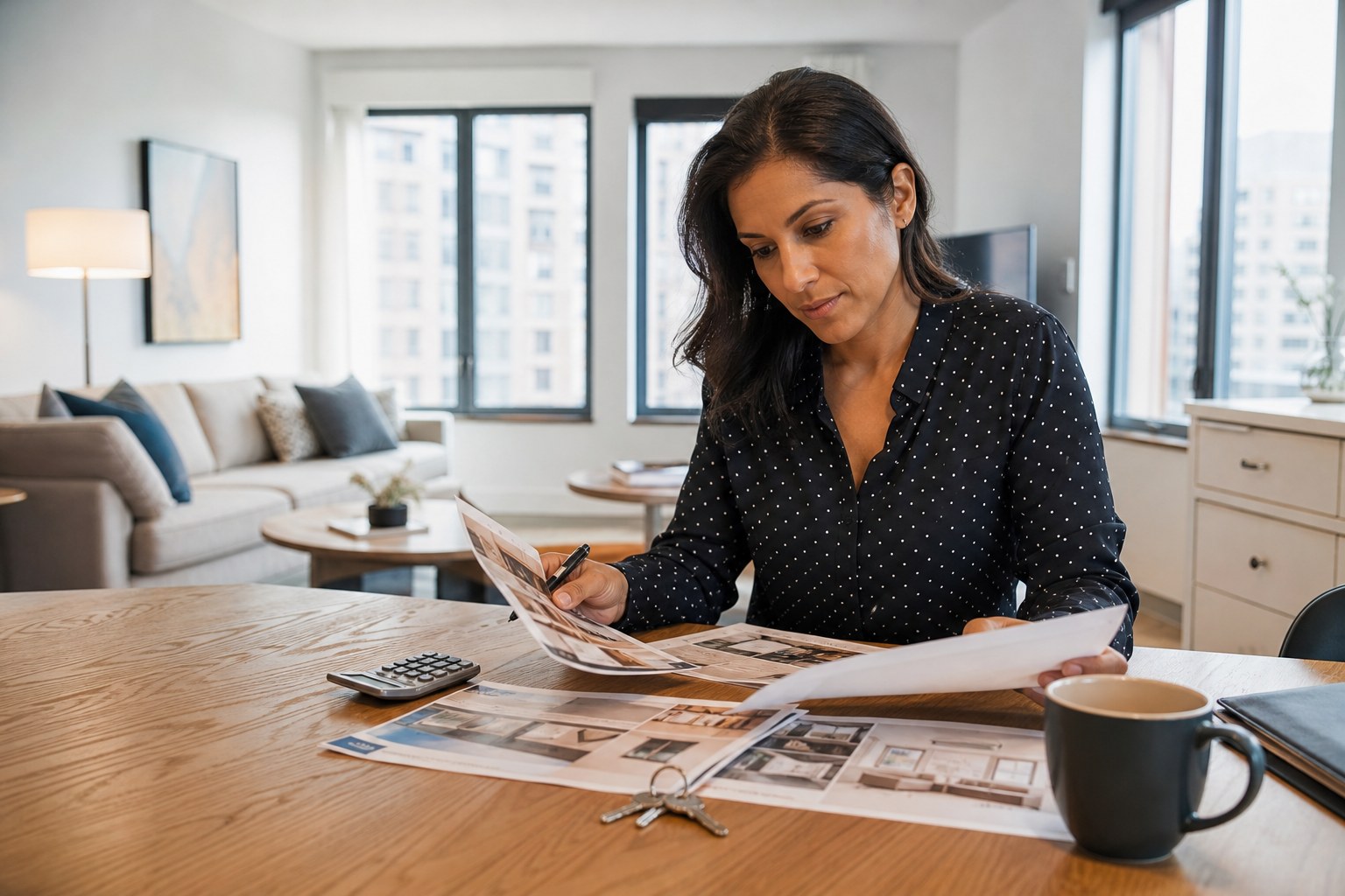 A coordinator comparing temporary housing options at a table in a furnished apartment