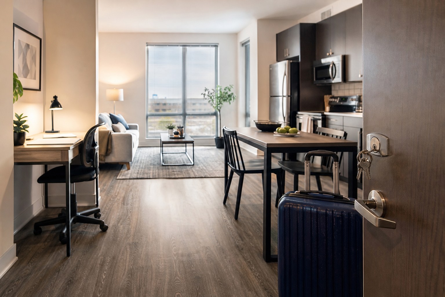 An arrival-ready furnished apartment with a kitchen, desk, suitcase, and keys