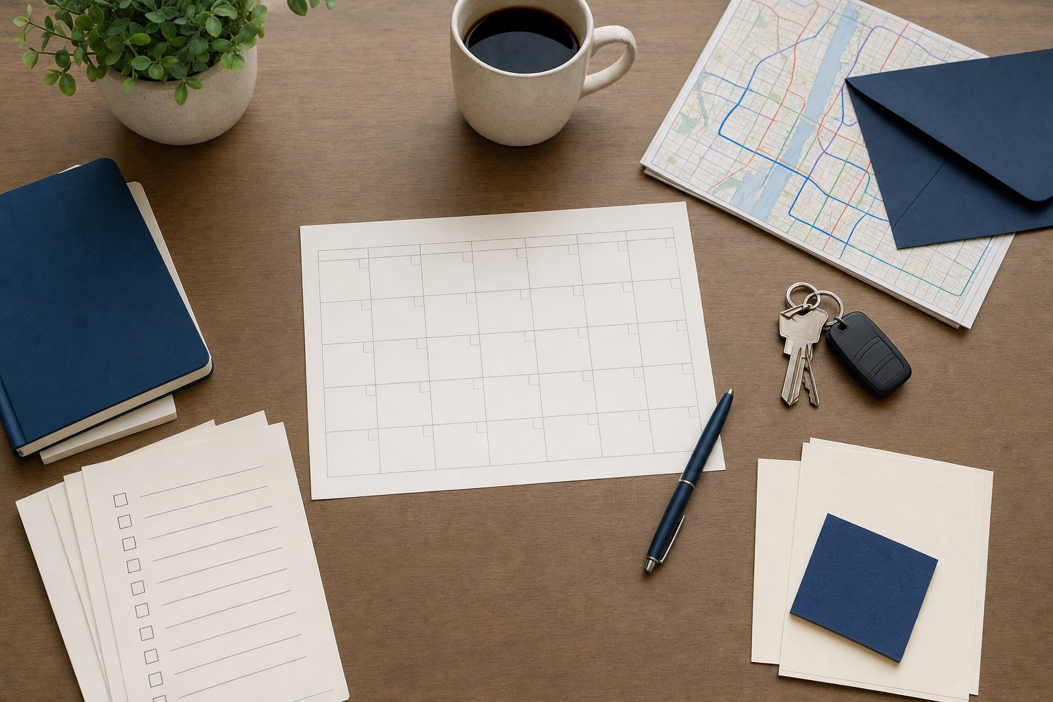 A temporary housing planning calendar, keys, map, and checklist on a table