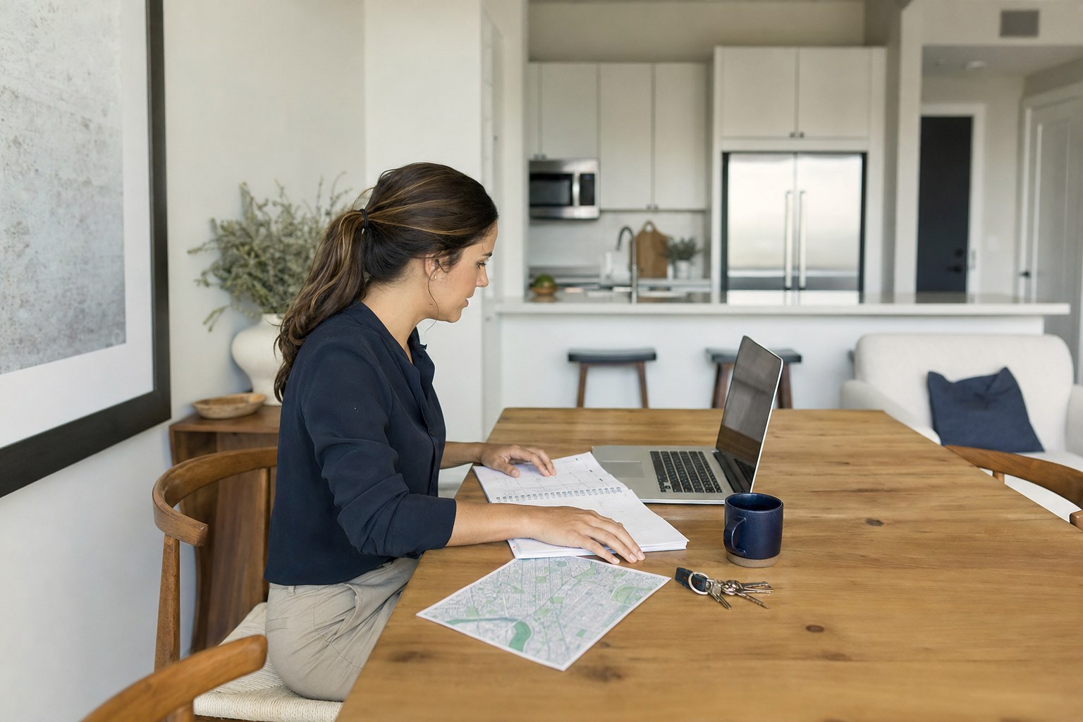 A coordinator planning temporary employee housing at a table in a furnished apartment