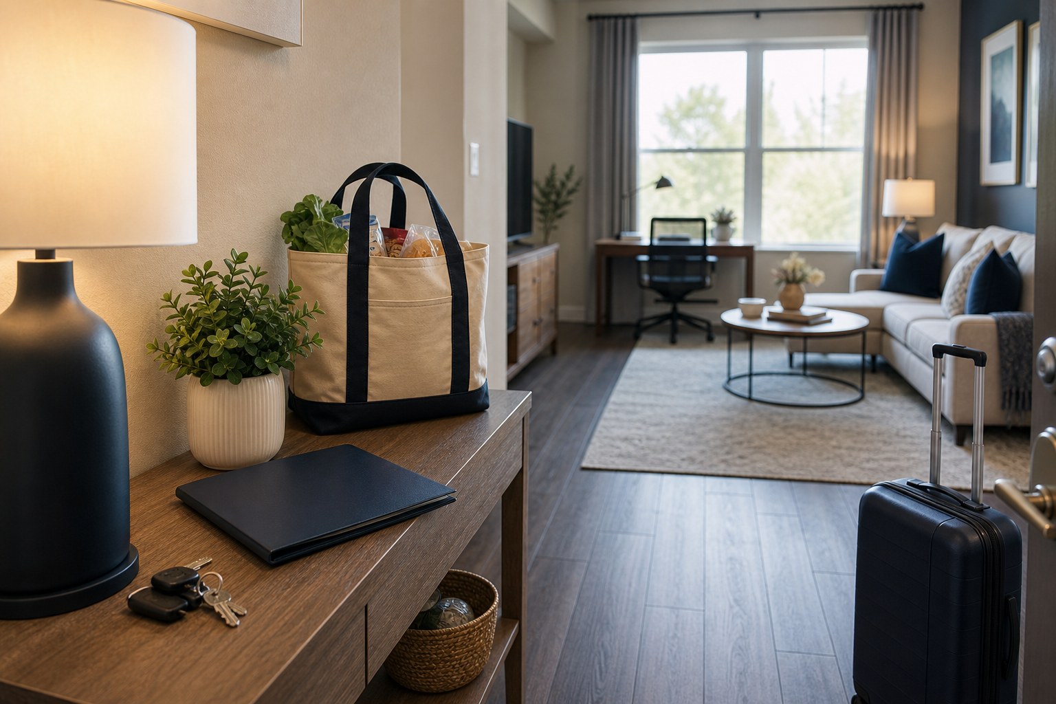 An arrival-ready furnished apartment with a suitcase, keys, groceries, and a work desk