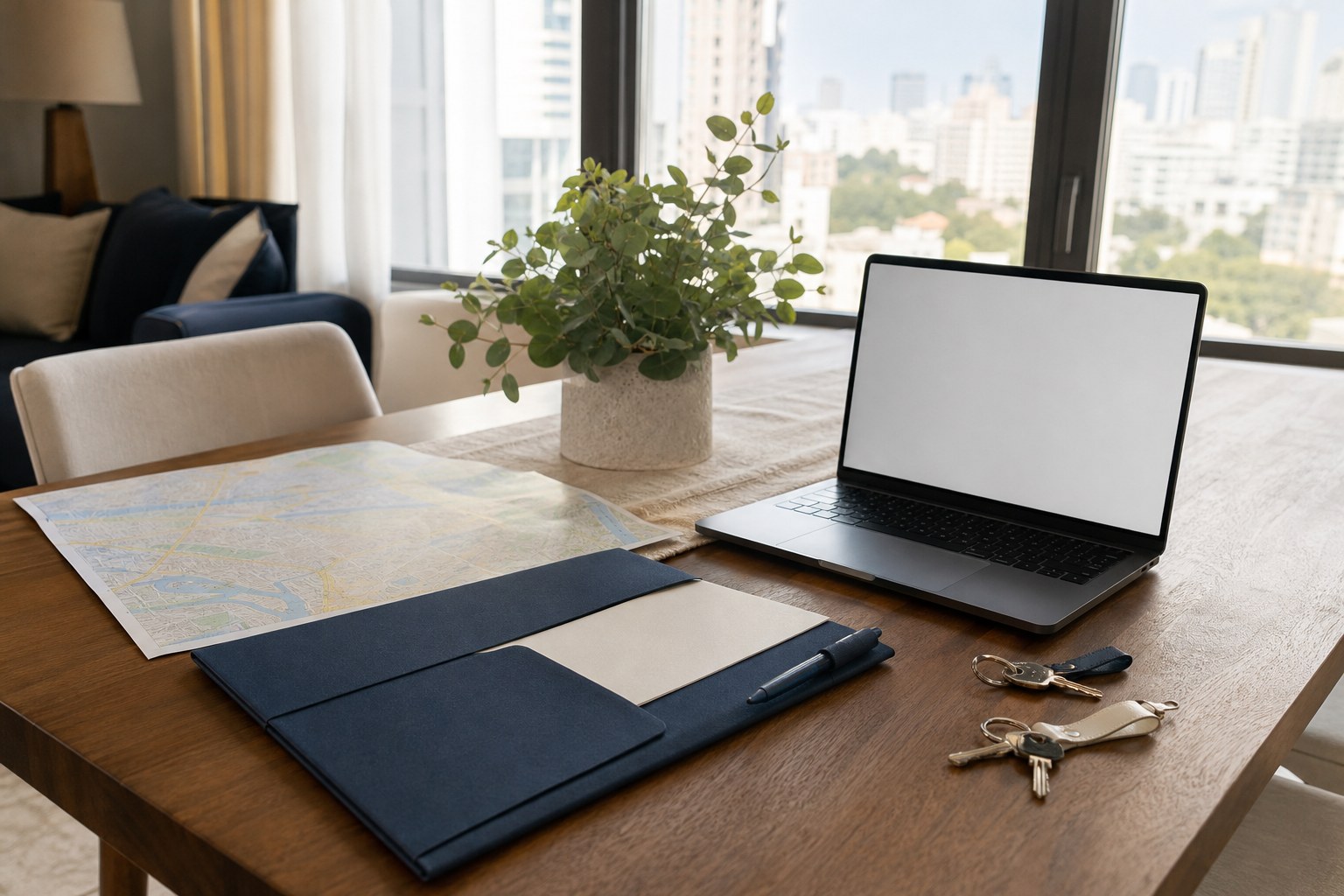 A relocation planning folder, map, keys, and laptop in a furnished apartment