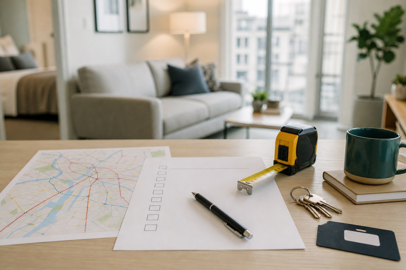 A relocation housing brief with a commute map, checklist, keys, and measuring tape