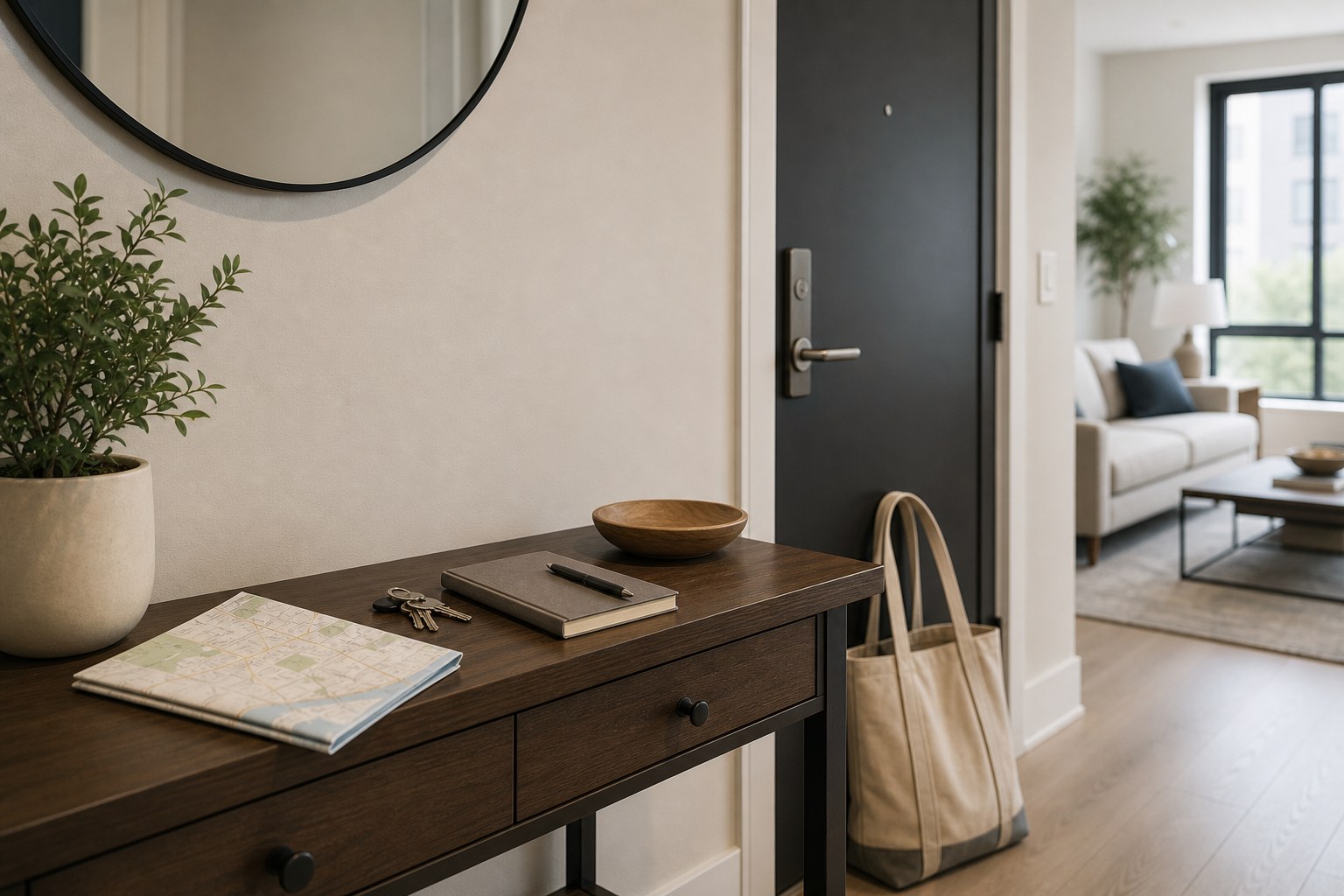 Keys, a map, and a notebook set out at the entrance of a furnished apartment