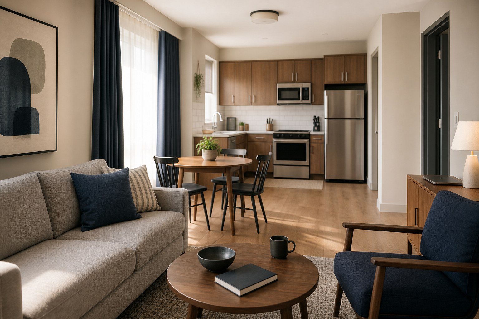 A furnished extended-stay apartment with a full kitchen, dining table, and comfortable living area