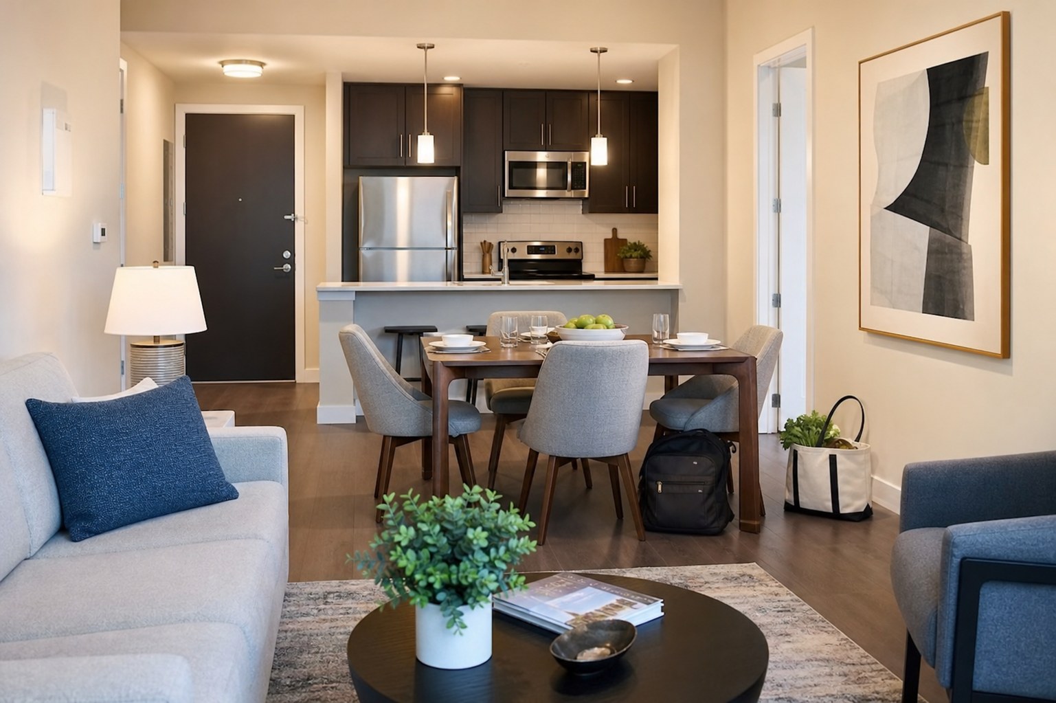 A furnished apartment dining and living area arranged for a longer temporary stay