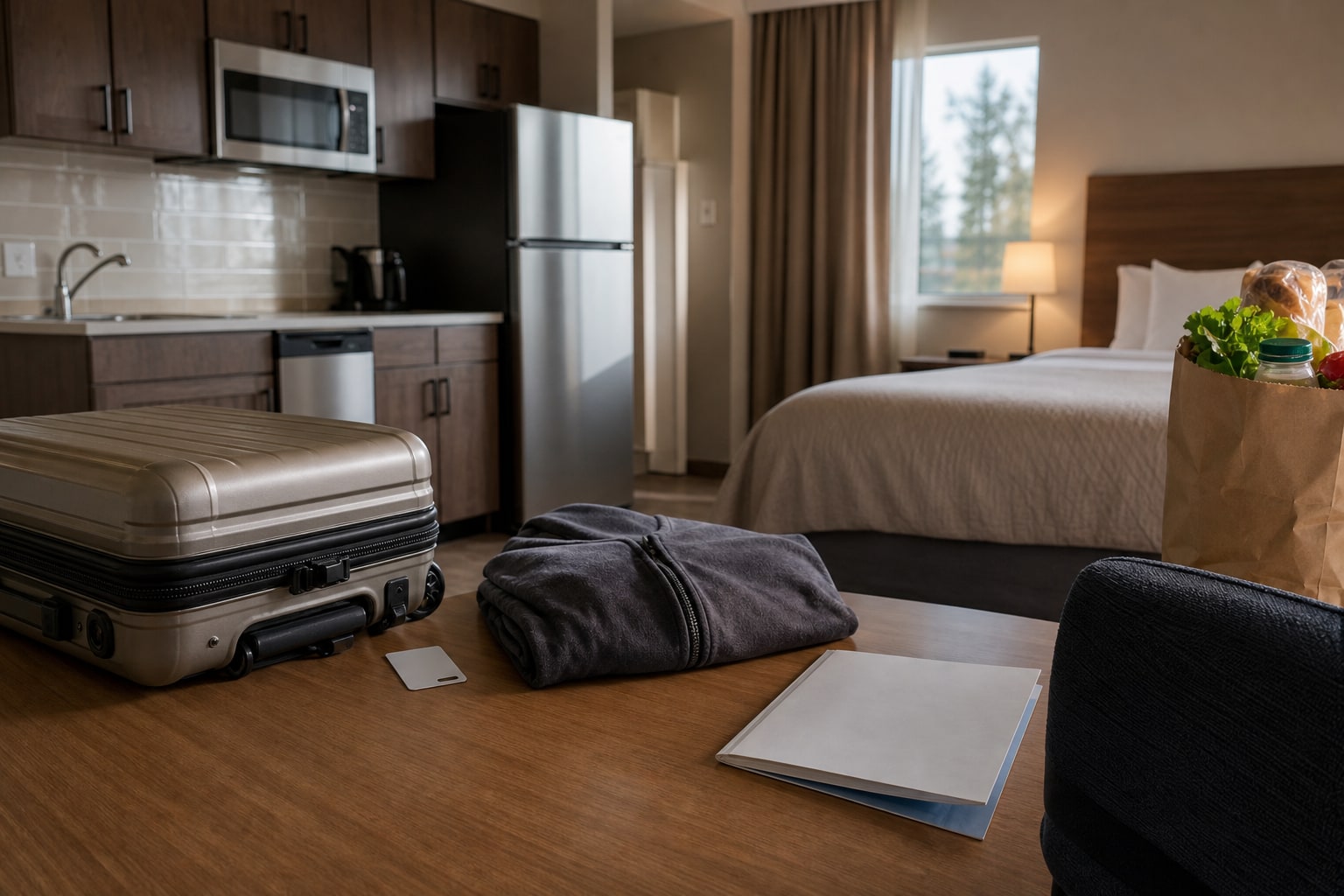 A suitcase, keycard, and groceries set out in an extended-stay hotel room on arrival day