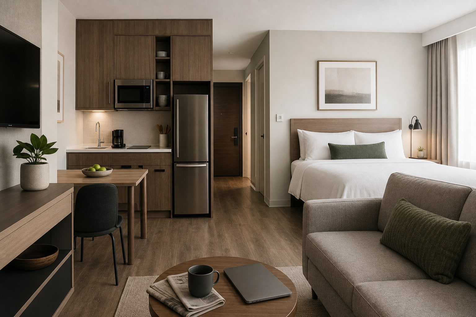 An extended-stay hotel suite with a kitchenette, dining table, bed, and living area