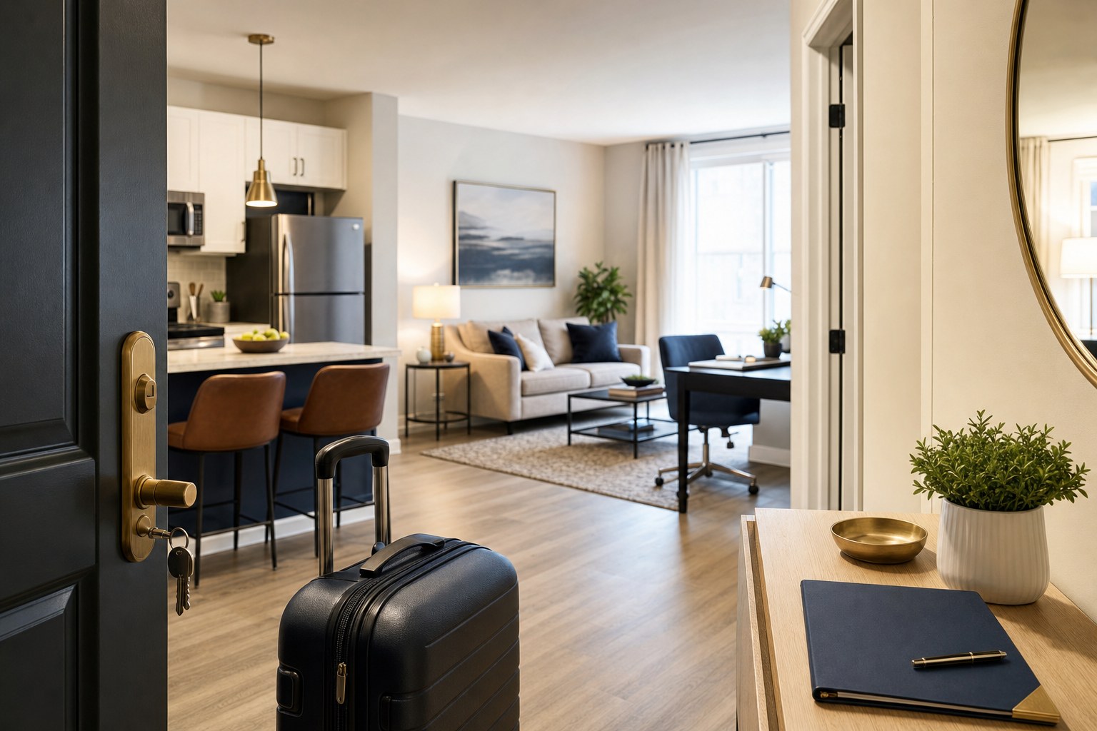 An arrival-ready furnished apartment with keys, luggage, kitchen, and workspace