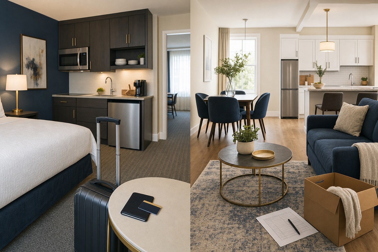 An extended-stay hotel suite beside a furnished apartment, showing two temporary stay options