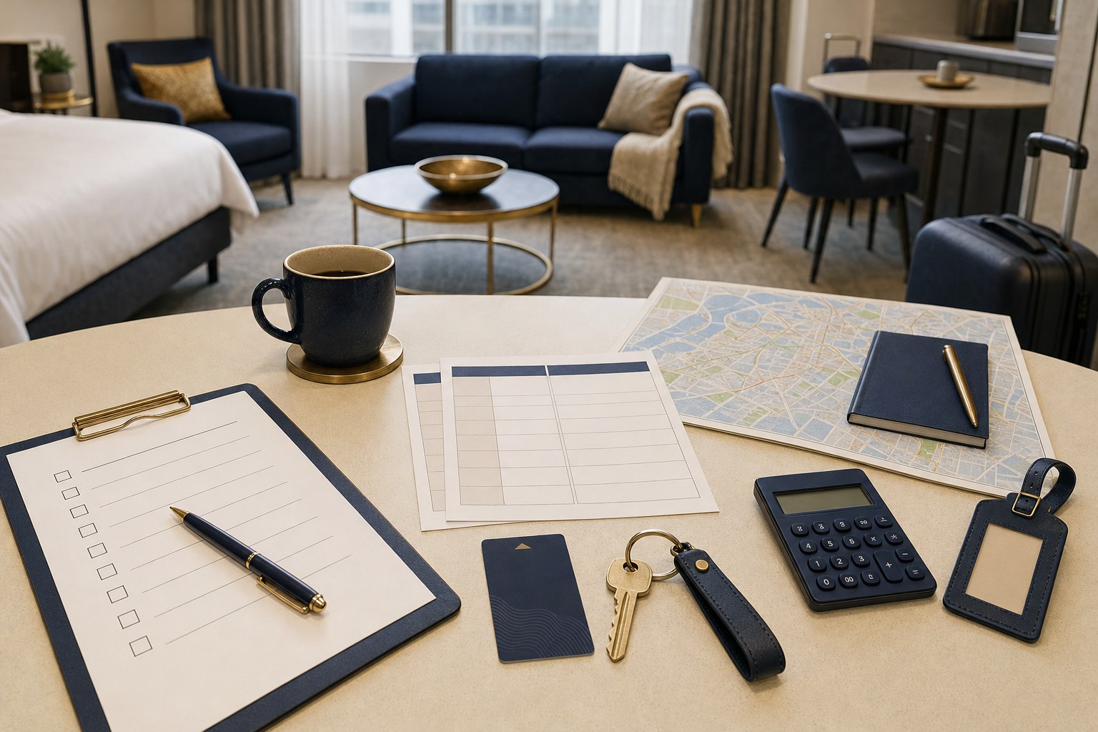 A temporary housing comparison checklist, map, keys, and calculator on a table