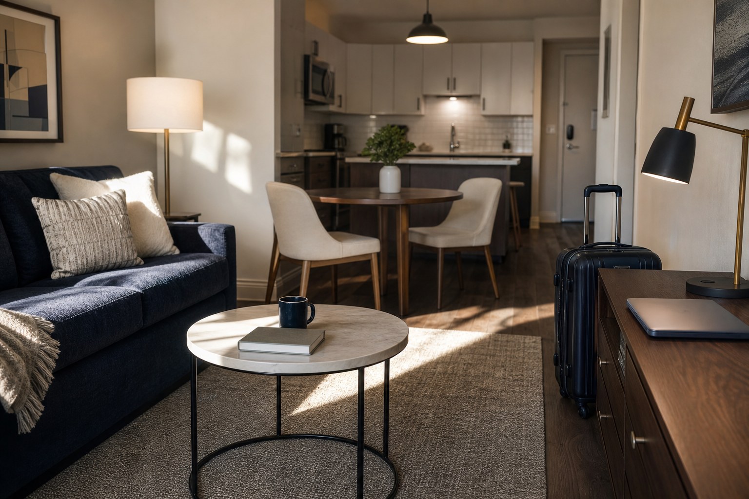A furnished apartment living room prepared for an extended stay