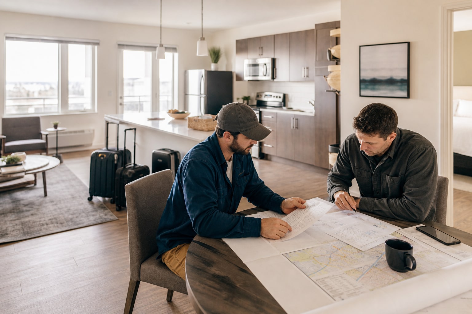 Two project coordinators reviewing temporary workforce lodging plans in a furnished apartment