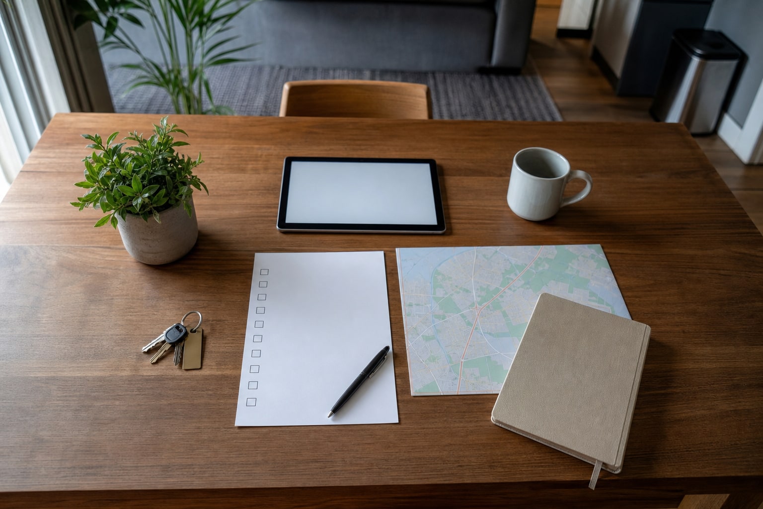 A temporary workforce lodging checklist, keys, map, and tablet on a furnished apartment table