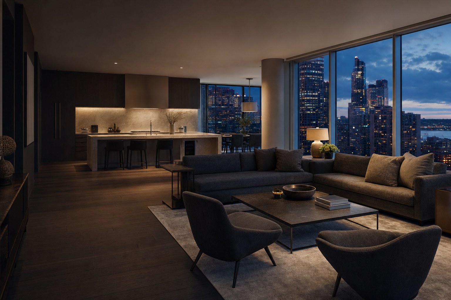 Furnished contemporary apartment with a city view at dusk