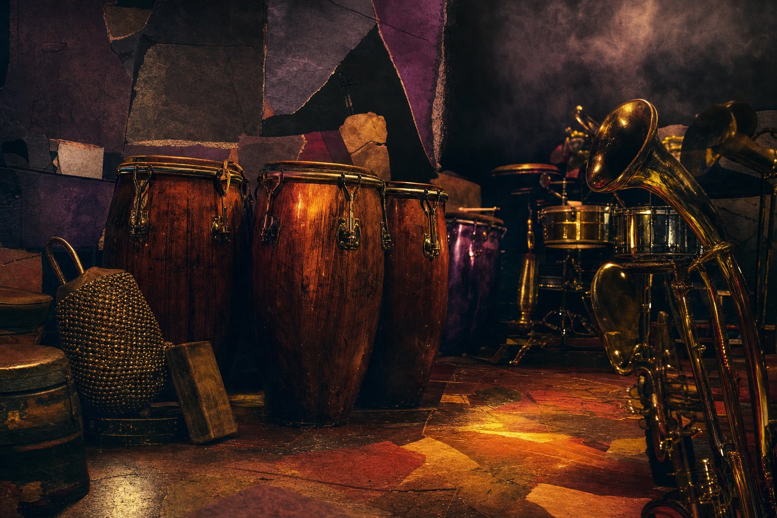 Congas, percussion, and brass instruments in a warm editorial arrangement