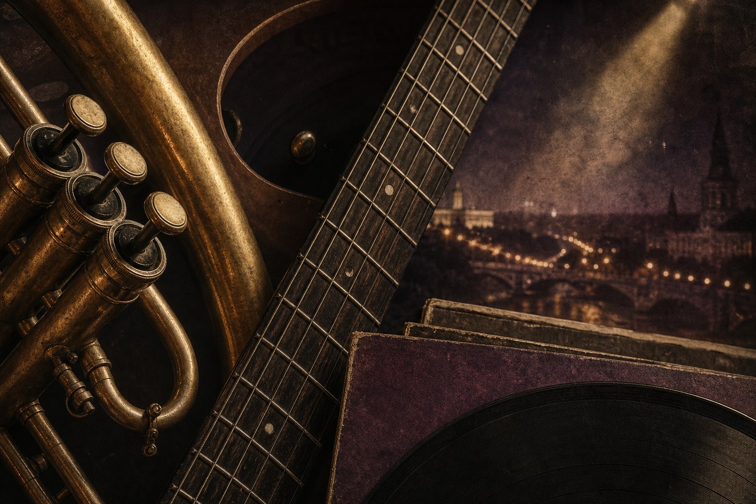 Brass horn, guitar neck, vinyl record, and distant city lights in a dark editorial composition