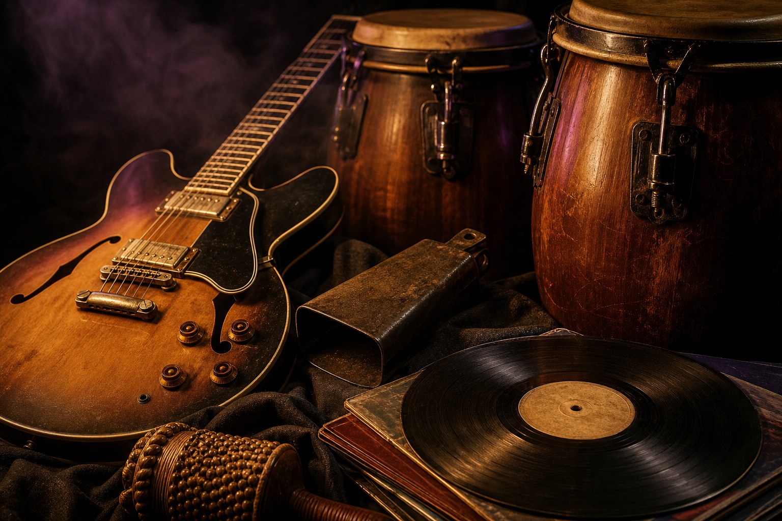 Electric guitar, congas, cowbell, and vinyl arranged in warm editorial light