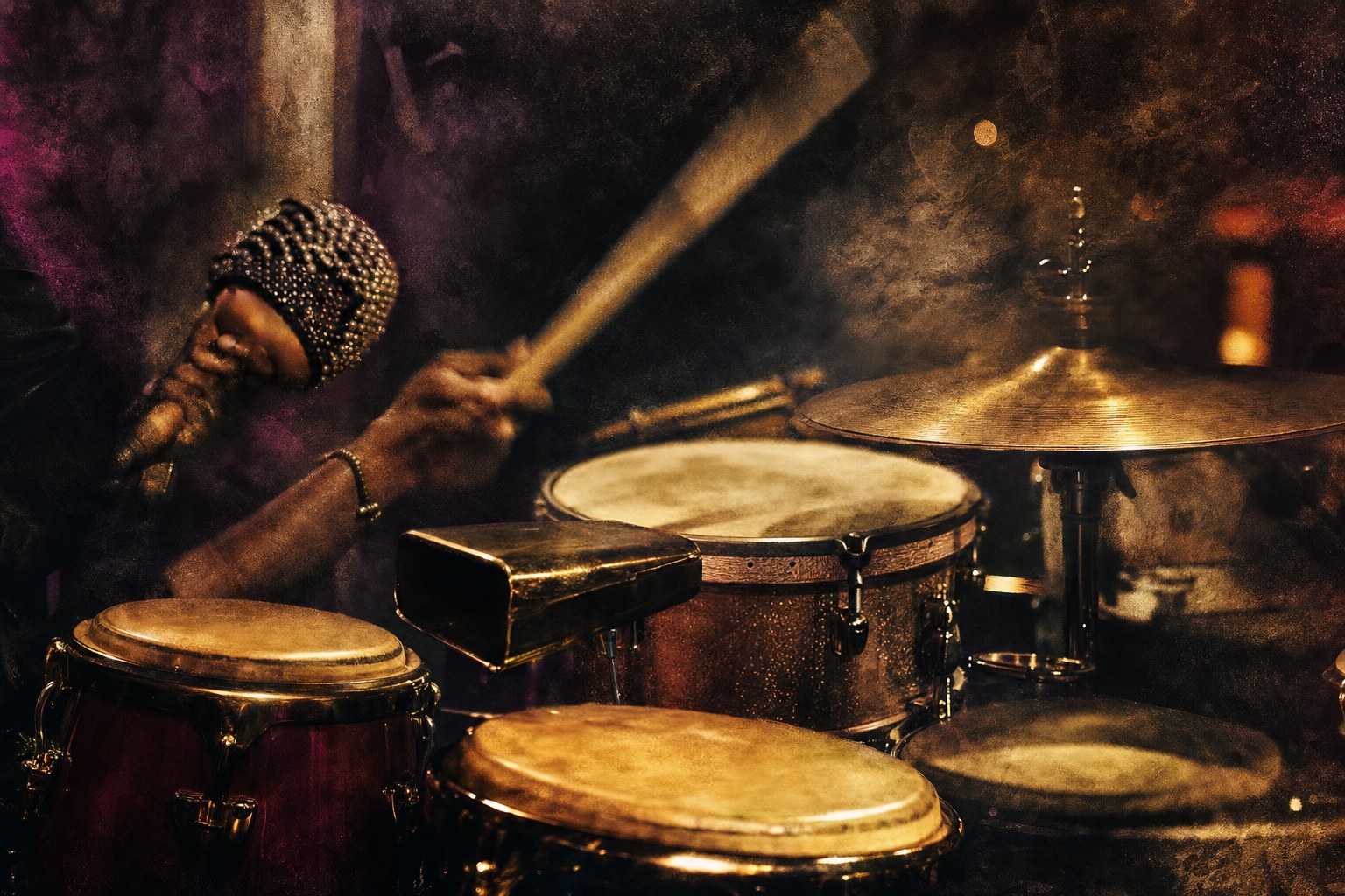 Percussion instruments and a vocalist's hand in a warmly lit performance setting